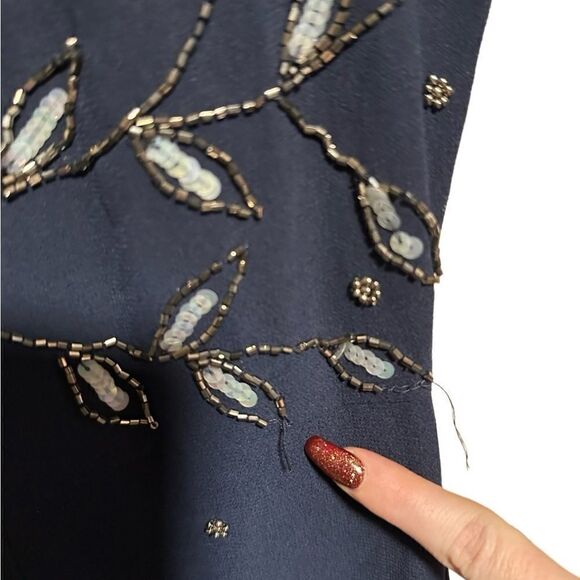 ASOS- Women’s Navy Blue Floor Length Embellished Dress Flutter Sleeve, Size 12 - Picture 7 of 16